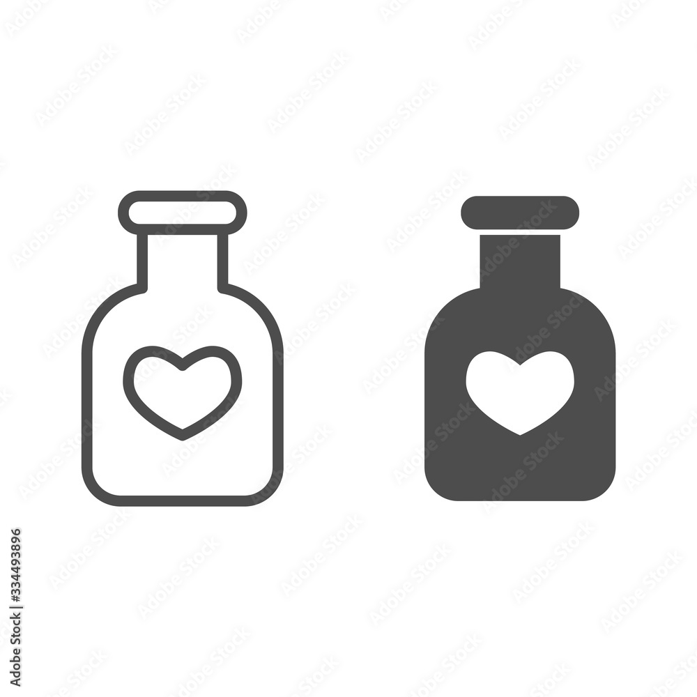 Poster potion flask line and solid icon. bottle of love spell elixir and heart shape symbol, outline style 