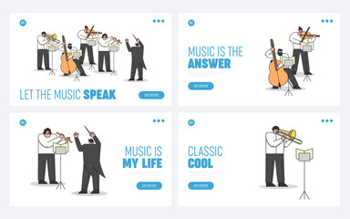 Website Landing Page Set. Symphony Orchestra Playing Classical Music Concert. Musicians with Instruments Led By Conductor Performing on Stage. Web Page Cartoon Linear Outline Flat Vector Illustration