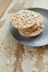 Cereal bread on vintage wooden table. Top side view with copy space. Selective focus