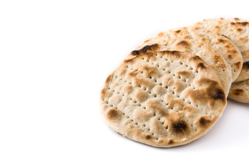 Handmade matzah for Jewish Passover isolated on white background.Copy space	