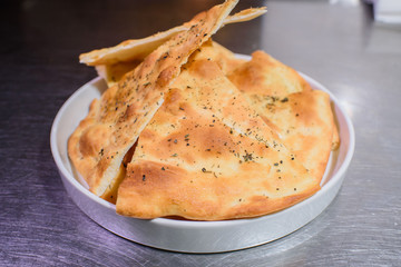 Delicious focaccio made for restaurant guests. Tasty and healthy food.