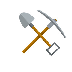 Pick and shovel. Miner and digger tool. Items for extraction of minerals. Cartoon flat illustration. Logo of Labour and work. Rural tool. Iron pickaxe