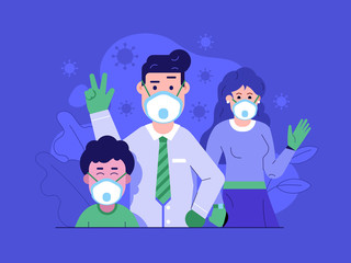 Family with Masks Virus Prevention Flat Concept