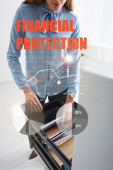 Selective focus of businesswoman searching dossier in cabinet driver, financial protection...