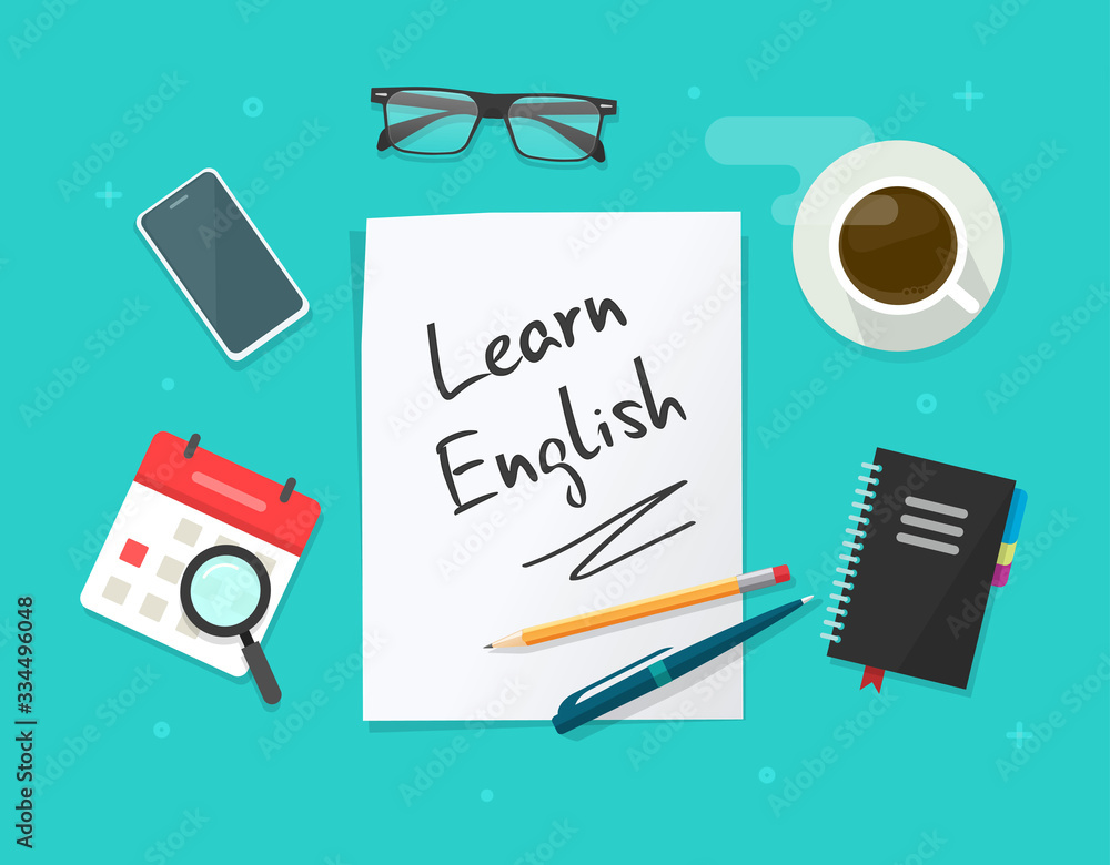 Poster learning working desk table and education workplace with study english language paper sheet document