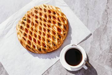 Chicken pie and cup of espresso. Men's food, food delivery, recipes.