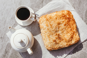 Apple cake with tea, still life.