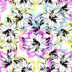 hand draw beautiful flower cmyk colored design seamless pattern
