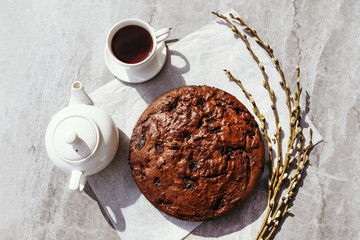 Chocolate cake with cherries. Homemade pastries with berries.