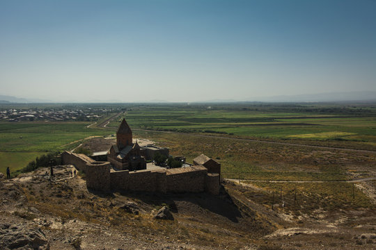 Khor Virap monastery in sunny day near Ararat mountain in Armenia