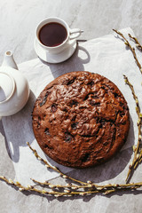 Chocolate cake with cherries. Homemade pastries with berries.