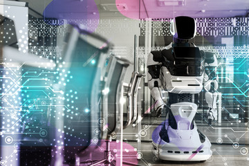 selective focus of humanoid robot standing in conference hall of modern office, cyber illustration