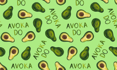 Hand drawn bright watercolor fruit seamless pattern. Food illustration with lemon, banana, avocado, peach