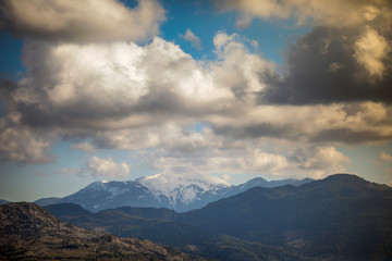 mountain, sky, landscape, nature, clouds, blue, mountains, cloud, hill, view, snow, travel, sunrise, valley, cloudscape, sunset, green, panorama, fog, summer, white, beautiful, sun, outdoors, scenery