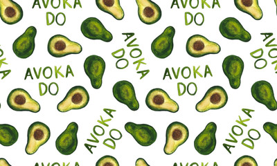 Hand drawn bright watercolor fruit seamless pattern. Food illustration with lemon, banana, avocado, peach