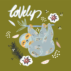 Sloth cartoon hand drawn illustration. Lazy flat animal character. Cute mammal hanging on tree branch. Handwritten lettering. Flowers and leaves design elements in scandinavian style