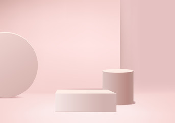 Background vector 3d pink rendering with podium and minimal pink wall scene, minimal abstract background 3d rendering abstract geometric shape pink pastel color. Stage for awards on website in modern.