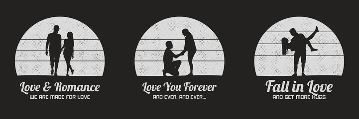 People in love. Set of black and white retro illustrations with silhouettes of lovers. Romantic marriage proposal. Guy carry girl, couple holding hands. Vector backgrounds for prints, t-shirts
