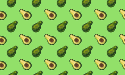 Hand drawn bright watercolor fruit seamless pattern. Food illustration with lemon, banana, avocado, peach