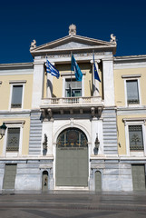 The building of the National Bank of Greece, Athens, Greece, April 2020: Neoclassical landmark building in Athens
