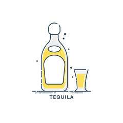 Bottle and glass tequila line art in flat style. Restaurant alcoholic illustration for celebration design. Design contour element. Beverage outline icon. Isolated on white background in graphic style