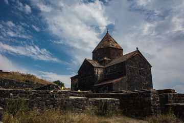 Fototapeta premium Old Sevanavank monastery bottom view in sunny day near Sevan lake, Armenia