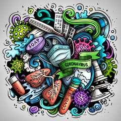 Cartoon vector doodles Coronavirus illustration. Bright colors epidemic picture