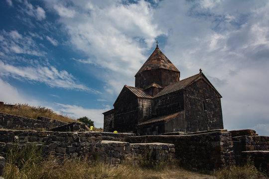 Old Sevanavank monastery bottom view in sunny day near Sevan lake, Armenia