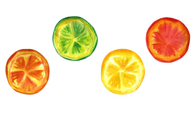 Hand drawn bright watercolor fruit set. Food illustration with lemon, banana, avocado, peach