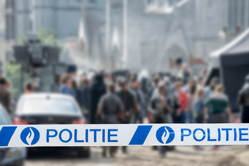 Politie / police tape in front of Belgian crime / murder scene in Belgium