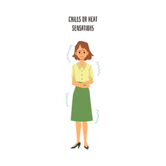 Cartoon woman experiencing chills or heat sensation - illness or stress symptoms.