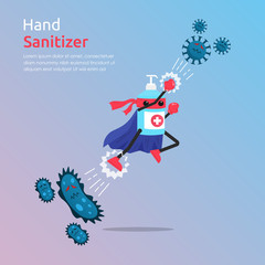 Funny cartoon character of hand sanitizer superhero fight against outbreak viruses and bacteria. Power of cleansing agent concept for prevention and fight disease. vector illustration