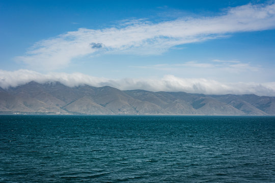 Sevan lake with blue water biggest lake in Armenia shot from Sevanavank monastery