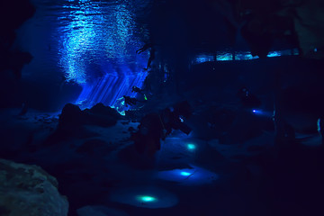 diving in the cenotes, mexico, dangerous caves diving on the yucatan, dark cavern landscape underwater