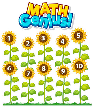 Font design for math genius with number one to ten on sunflowers