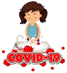 Fototapeta premium Poster design for coronavirus theme with girl washing hands