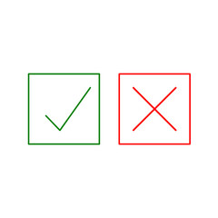 Thin line check mark icons. Green tick and red cross checkmarks flat line icons set. Vector illustration isolated on white background