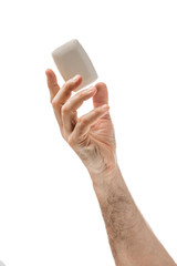 Men's hands and soap. Hygiene. Isolated background.