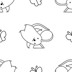 Simple seamless pattern, black and white cute kawaii hand drawn mouse doodles, coloring pages