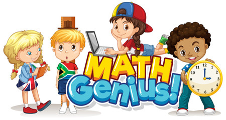 Font design for word math genius with happy kids