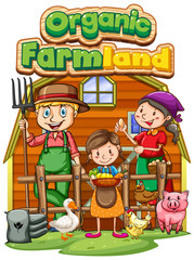 Font design for word organic farmland with farmers and barn