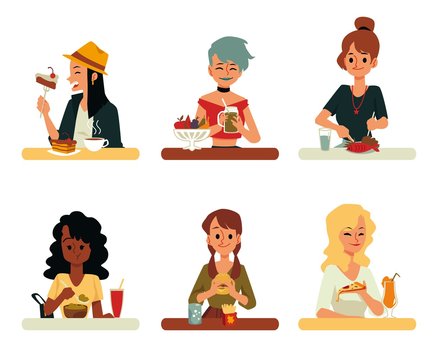 Set Of Women Cartoon Characters Eating Meals, Flat Vector Illustration Isolated.