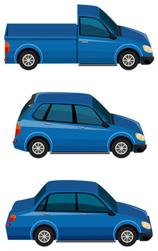 Set of blue cars on white background