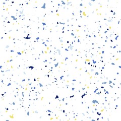 Frequent terrazzo pattern of blue interspersed with yellow fragments on a white background, seamless vector illustration.