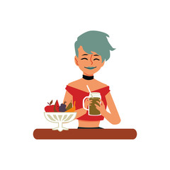 Woman enjoying healthy vegetarian food flat vector illustration isolated.