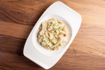 details of tasty creamy risotto mushrooms
