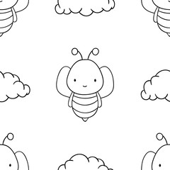 Simple seamless pattern, black and white cute kawaii hand drawn bee doodles, coloring pages