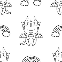 Simple seamless pattern, black and white cute kawaii hand drawn dragon doodles, coloring pages