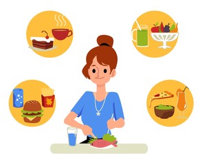 Eating woman with healthy and junk food icons, flat vector illustration isolated.