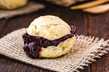 Brazilian cheese bread, stuffed with strawberry jam. Gourmet cheese bread, tradition of minas gerais.
